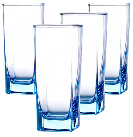 Supercap - Highball Drinking Glasses, Crystal Wine Tumblers, Square Bottom Glass Cups, Beverage Cooler Glassware for Cocktial, Iced Coffee, Beer, Whiskey, Wine, Water, Old Fashioned (Blue, 4pcs)