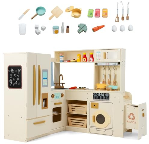 COSTWAY Kids Play Kitchen, Wooden Corner Pretend Kitchen with Lights & Sounds, Fridge, Ice Maker, Trash Can, 22 Accessories, Children's Chef Role Play Set for Boys Girls (Beige)