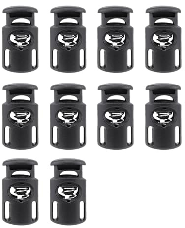 Homiladi Cord Locks 10PCS Plastic Single Hole Spring Toggle Buttons & Plastic Buckle Clips for Drawstrings | Lock Laces Secure Fit for Bags, Shoelaces, Clothing, Tent, Lanyard Craft (Black)