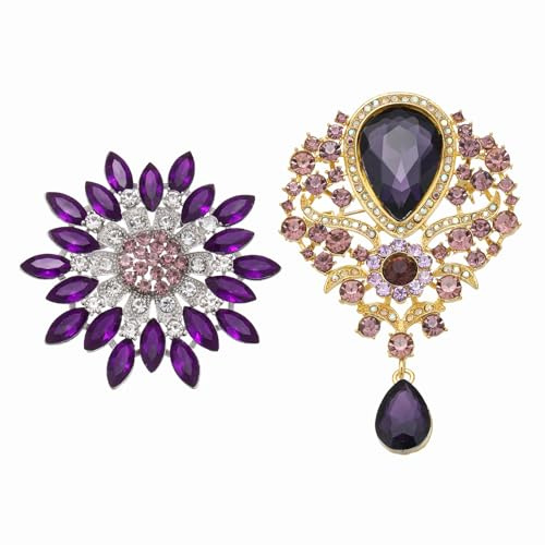 PATIKIL 2 Stili Set Di Spille Con Fiori Di Strass Kit Spille Viola | Per Abiti Da Donna Vestiti Bouquet Artigianato Feste, Spilla Cristallo Girasole & Spilla Vintage A Goccia, Da Occhiello