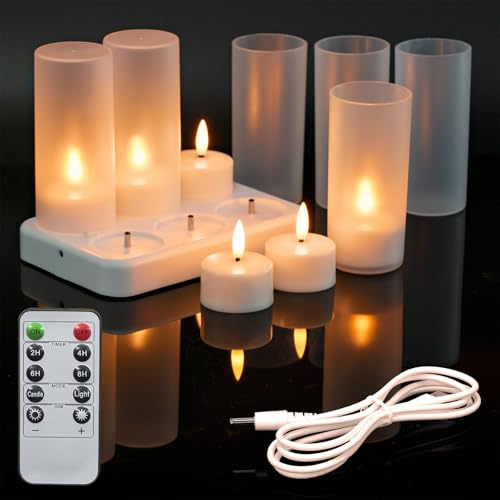 WinsTime Flammenlose Teelichter mit Ladestation, LED-Teelichter mit Fernbedienung Timer für Hochzeiten, Weihnachten, Halloween, Jubiläen, Wohnkultur, 6er-Pack mit mattierten Plastik-Kerzenabdeckungen