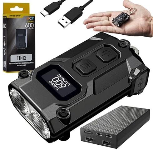Nitecore TINI3 MCT Black - NB20000 Tini3 MCT Intelligent Multiple Color Temperatures Keychain Light Black -600 Lumens w NB20000 20,000mAh Power Charger