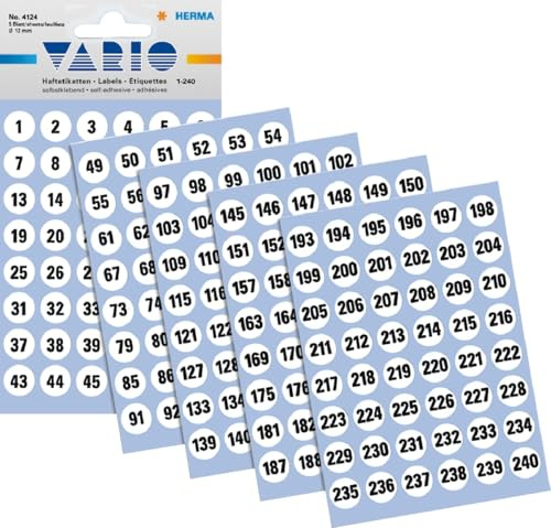 HERMA 10 x Zahlen 12mm 1-240 selbstklebend Papier schwarz VE=5 Blatt