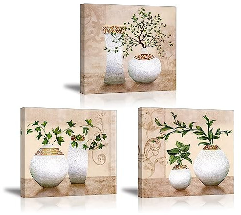 Piy Painting Bilder Leinwandbild Fotoleinwand Grün Pflanze Blumen Wandbild Kunstdrucke auf Leinwand Ölgemälde Malerei Home Deko für Wohnzimmer Schlafzimmer Flur Wand 30x30 cm 3 Teilig