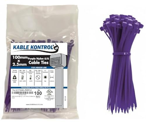 Kable Kontrol Purple Cable Ties, 100 mm x 2.5 mm, Pack of 100, 4 Premium Nylon Zip Ties, Multi-Purpose Plastic Tie Wraps, Secure Self-Locking Mechanism, for Home, Garden, Office and DIY | Nylon Plastic, Self Locking, UL Listed, Indoor Use