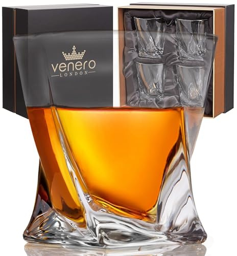 Venero Bicchieri da whisky in cristallo, set di 4 bicchieri Rocce di cristallo, in confezione regalo, bicchieri a bussolotto, bicchieri bassi da bar per bere bourbon, scotch, whisky, cocktail, cognac