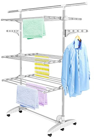 Todeco - Etendoir à Linge, Etendage à Linge - Matériau: Tubes en Acier Inoxydable - Charge maximale: 3 kg par Barre de Support - 3 étagères, Blanc, avec des Ailes et Une Barre supérieure étendue
