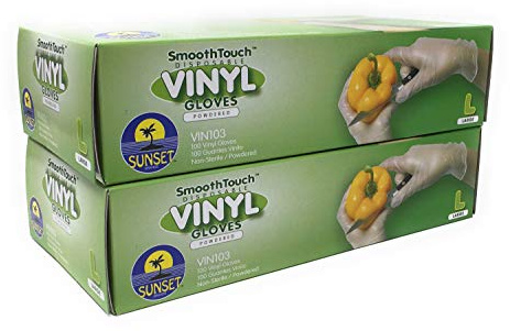 Sunset Brands 200 Disposable Vinyl Gloves, Large Size, Non-Sterile, Easy Slip On/Off, Smooth Touch, Food Service Grade