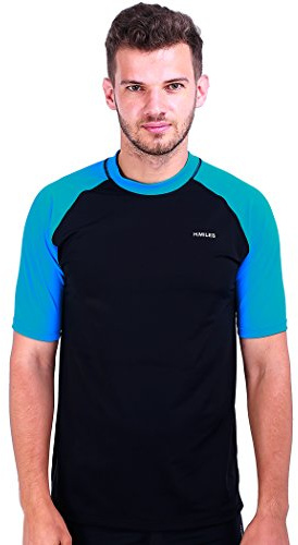 H.MILES Kortärmad rashguard för vuxna män, baslager för simning, snorkling, surfing, toppar, t-shirt för dykning och strand, Svart/Blå, M