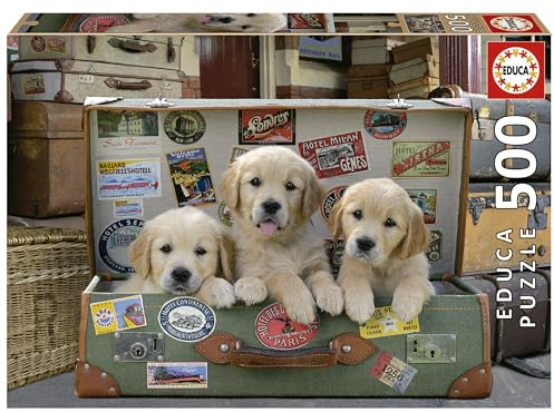 Educa - Puzzle 500 Teile für Erwachsene | Hunde im Koffer, 500 Teile Puzzle für Erwachsene und Kinder ab 11 Jahren, Golden Retriever (17645)