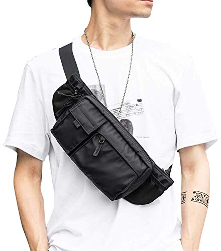 Large Waterproof Black Waist Bag Fanny Pack For Men Women Belt Bag Pouch Hip Bum Chest Bags with Adjustable Strap, Premium Lightweight Fanny Pack For Gym Fitness Workout Travel Work Commuting