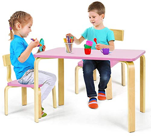 COSTWAY Kindertisch mit 2 Stühlen, 3tlg. Kindersitzgruppe, Sitzgruppe für Kinder, Kindermöbel aus Holz, Kindertischgruppe (Rosa)