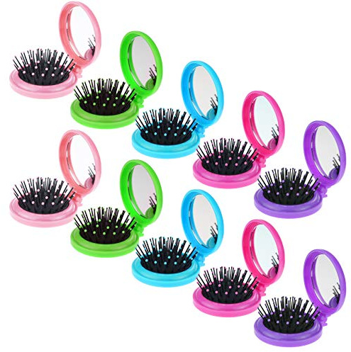 Heliltd 10pcs Folding Travel Mirror Hair Brushes Round Mirror Pocket Hair Brush Portable Mini Colourful Pop Up Hair Brushes Wet and Dry Hair for Women Girls Kids Hair Brush