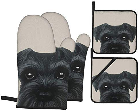 Schnauzer Original Peinture Chien Chiot Mitaines de Four et Porte-casseroles Ensembles pour Cuisine - Gants de Four BBQ résistants à la Chaleur Lot de 4