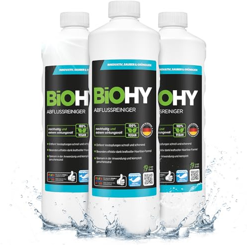 BiOHY Abflussreiniger (3 x 1 Liter) | mit spezieller Haarweg-Formel | Bio Konzentrat für Küche & Bad | entfernt selbst hartnäckigste Verstopfungen | ohne ätzende Dämpfe & Gerüche