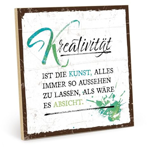 TypeStoff Holzschild mit Spruch – Kreativität – im Vintage-Look mit Zitat als Geschenk und Dekoration zum Thema Kunst – HS-01272