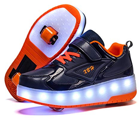 Skor med hjul tvåhjuliga sneakers för pojkar och flickor led lampor hjul tofflor kan bambu med hjul USB-laddning automatisk skateboard skor, svart, 29 EU