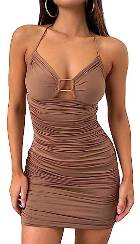 AIEOE Mini Vestido Sexy Mujer Nude Espalda Plisada Vestido con Cordón y Escote Americano Curvy Moda Verano Color Sólido Talla S Marrón