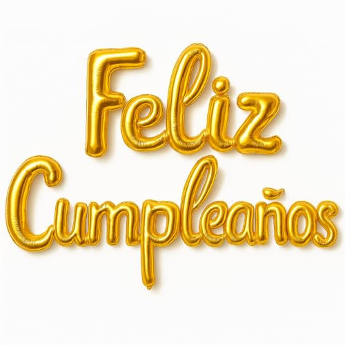 Globos FELIZ CUMPLEAÑOS en español - Guirnalda Decoracion cumple - Globo de aluminio - Super facil montaje - Incluye una cañita - Viene en 3 partes para facilitar el inflado (ORO)