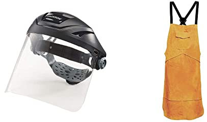 Jackson Safety 14262 F4XP Premium Face Shield/Face Guard, Ratcheting Safety Headgear & Portwest Leather Welding Apron, Size: One Size, Colour: Tan, SW10TAR
