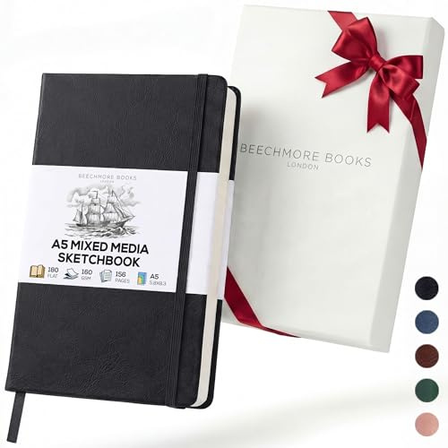 BEECHMORE BOOKS Quaderno da disegno A5 (14,8 x 21) – 156 pagine, 160 g/m² | Copertina rigida in similpelle, apertura piatta, pagine perforate, confezione regalo, diario artistico