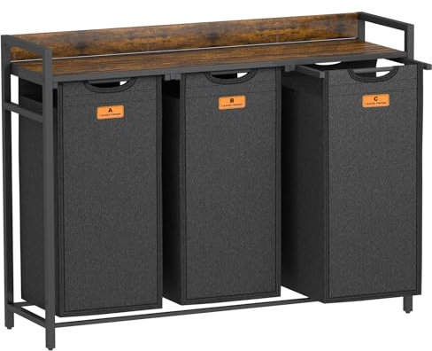 Lifeand Wäschekorb, Wäschesortierer mit 3 ausziehbaren Beuteln und Ablage, Wäschekorb mit 3 Fächern, 3 x 38 l, rustikales Braun und Schwarz