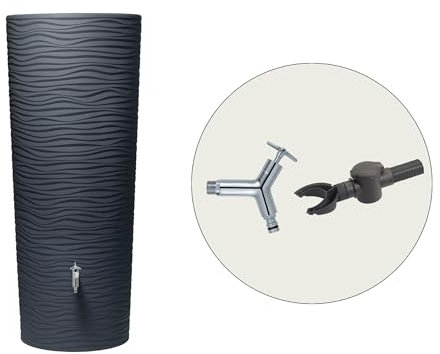 GARANTIA Natura 2in1 Regentonne Komplett-Set 350 Liter Graphite Grey inkl. Design Chrom-Auslaufhahn und Fallrohranschluss - Wassertank, Regenfass, Regenwassertank, Wasserbehälter, Wasserfass