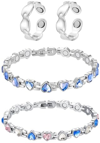 2 pulseras magnéticas en forma de corazón, 2 anillos magnéticos, pulseras magnéticas ajustables, pulseras magnéticas de diamante para mujer