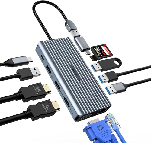 Tymyp 12 en 1 USB C Hub, Docking Station, 2 x HDMI, VGA, Ethernet, 100W PD, 3 x USB 3.0, USB 2.0, SD/TF Card Reader, Audio/Mic, Supports Windows 10,8,7,XP/Mac OS/Linux