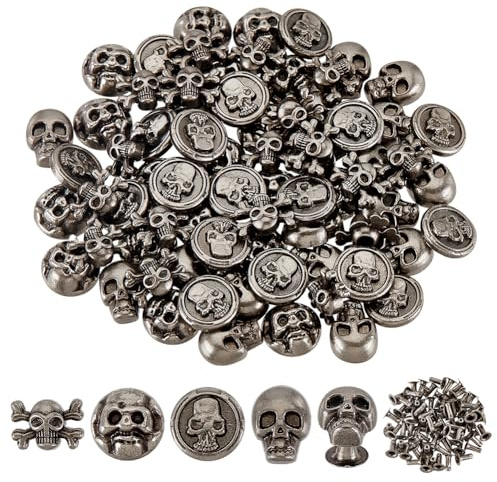 PH PandaHall 80pcs 4 Styles Skull Head Rivets Studs, Decorative Rivet Studs Buttons Spike Studs Skull Head Skeleton Ghost Rivet for Halloween Leather Bracelets Bags Belts DIY Craft Making