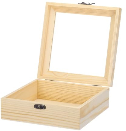 QUARKZMAN Unvollendete Holzvitrine mit Scharnierdeckel, 18 cm x 18 cm x 7 cm Kleine Holzschmuckkiste mit Glasdeckel für DIY-Handwerk, Sammlerstücke, Schmuck, Geschenke und Wohnkultur, Beige