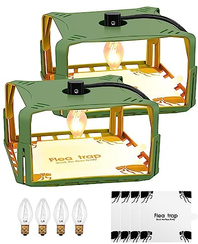 2 Pack Flea Traps for Home, Flea Lamp Traps Kit with 4 Light Bulbs and 4 Glue Discs Light Trap Odorless Non-Toxic Bed Bug Catcher Indoor Flying Traps and Killer for Home Bedding Carpets (Green)