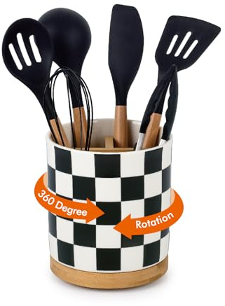 LoeJan 3 Compartment Utensil Holder, Extra Large Utensil Crock, Stable Ceramic Utensil Organizer, Cooking Tool Organizer Set for Kitchen Counter Farmhouse Decor (E-Black(Square))