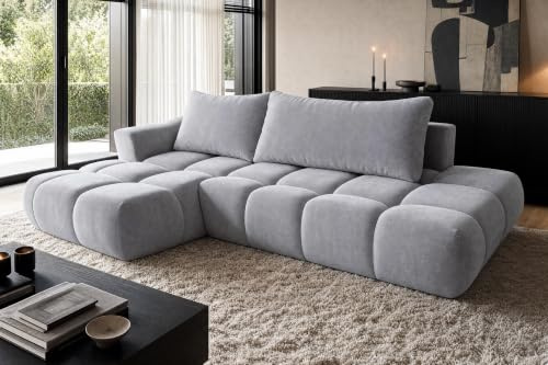 COMFORTINO FURNITURE Ecksofa mit Schlaffunktion Luna L-Form, Sofa Couch mit Bettkasten, 3-Sitzer Eckcouch, Schlafsofa für Wohnzimmer, Big Sofa Couch mit Schlaffunktion (Hellgrau, Ottomane Links)