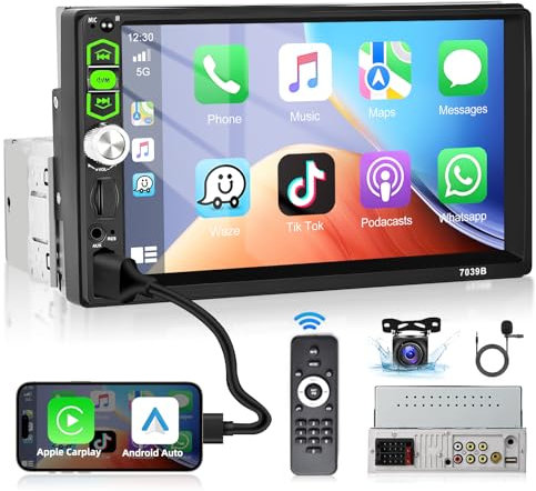 Podofo Apple CarPlay Single Din Car Stereo, 7 HD Touch Screen Car Audio Receivers with Android Auto Bluetooth 5.1 Mirror Link FM Radio/MP3/MP4/USB/Subwoofer,Aux Input +HD Backup Camera+MIC