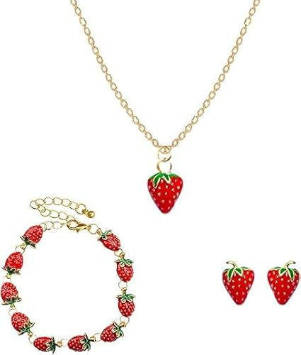 Fresa Niña Joyas Set, Pendientes de Fresa, Collar de Fresa, Anillos de Fresa Roja, Fresa Pulsera, Fresa Pendientes, Pendientes de Mujer, Regalos de Joyería para Niñas y Mujeres (Rojo A)