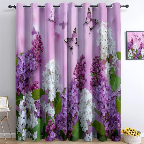 Blackout Curtains For Bedroom - Super Soft 3D Printing Photography Lilac Butterfly Bedroom Eyelet Curtains 46” W x 54” L Drop Noise Reduce Panels For Nursery For Home Decoration, 2 Pcs