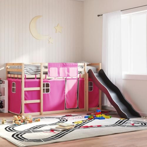 CFODOJ Beds & Accessories,Beds & Bed Frames-home-Bunk Bed without Mattress with Slide and Curtains Pink 90x190 cm Single