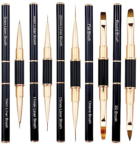 5 Pcs Professional Nail Art Brush Set - Dual-Ended Liner, Acrylic Dust Brush, Fine Line Painting Brush for Gel Polish and DIY Nail Designs (Black & Gold)