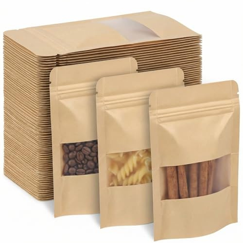 QWORK® 55 Stück 9x14 cm Kraftpapier Tüten mit Fenster, Standbeutel, Verschließbare Tüten, für Kaffeebohnen, Samen, Blätter, Süßigkeiten