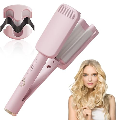 Gobesty 32MM French Wave Hair Iron - Mermaid Waver With Deep V Shape Design for Short & Long Hair - Fast Heating Crimper (Pink)