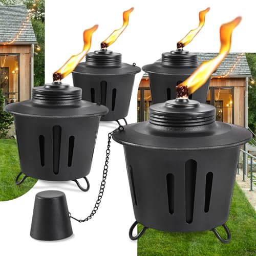 FALBAWR 4 Pack Citronella Table Top Torches, 15oz Mini Fire Pit Tabletop Torch for Outside, Metal Tabletop Flame Torch Includes Long Lasting Wick and Snuffer for Yard, Patio, Deck, Garden, Party