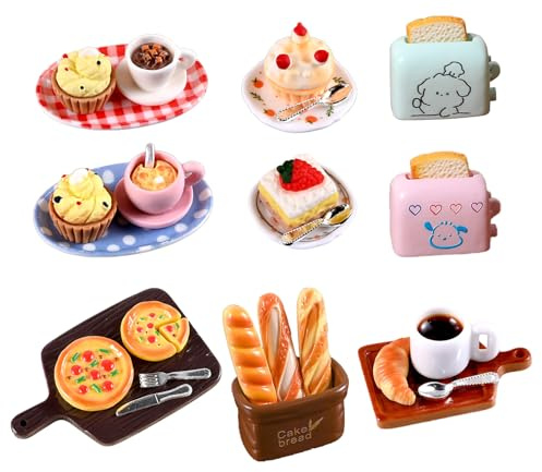 30 Stück 1/12 Miniatur Lebensmittel Puppenhaus Zubehör, Miniatur Essen und Trinken, Harz Puppenhaus Küche, Einschließlich Harz Kuchen, Brot, Pizza, Obst, Kaffee, Miniatur Lebensmittel Set