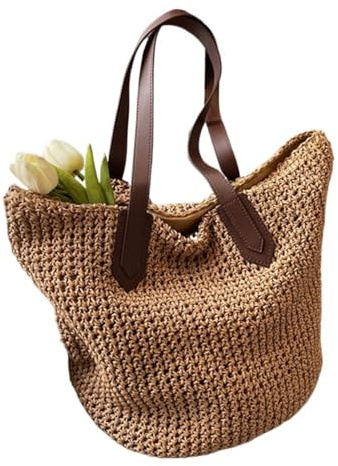 AMENGJ Strohtaschen Damen Damen Schultertasche Stroh Strand Gewebt Große Lässige Häkeltasche Einkaufstaschen(Brown)