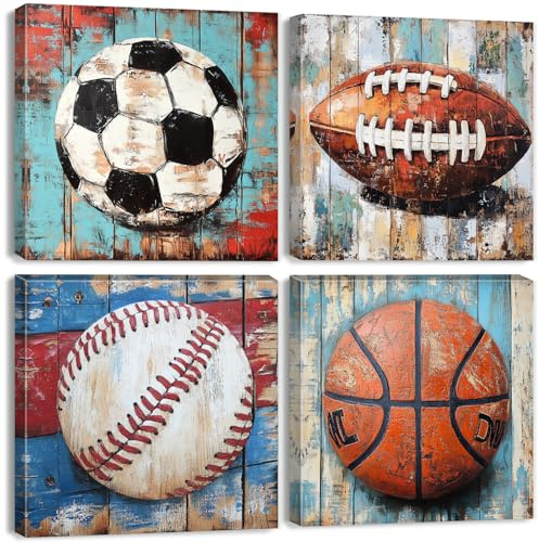 Sport-Wanddekoration, Kinderspielzimmer, Kunst, Fußball, Basketball, Fußball, Baseball, Bilder für Kinderzimmer, Jungen, Schlafzimmer, Vintage-Leinwanddrucke, bunte Sportposter, Bälle, Kunstwerk
