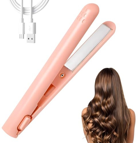 2-in-1 Portable Mini Curling Tongs for Short Hair, Travel Size Mini Curling Iron, Portable USB Plug-in Small Hair Straightener, Heats up Fast, for Short & All Hair Types (Pink)