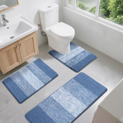 Enyhom Set di 3 Tappetino Bagno Antiscivolo, Peloso Tappetino Doccia in Microfibra, Tappeto Bagno Super Assorbente, Lavabile in Lavatrice, Morbido Tappeto Doccia, Tappeto WC Forma di U per Piedistallo