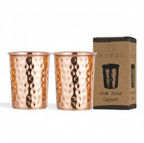 Pure Copper Tumblers for Drinking – Handmade Hammered Finish Water Glasses, 312ml (11 fl oz), Health Benefits for Hydration, Set of 2, Eco-Friendly Copper Cups for Water & Juices