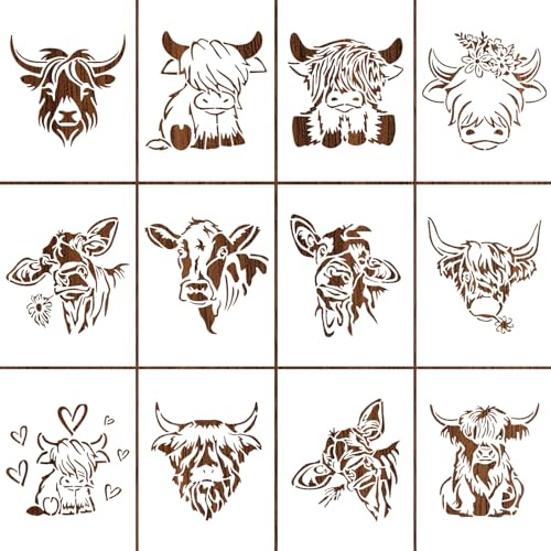 Hochlandrind-Schablonen, 12 Stück Tierstencil, Schablonen Textilgestaltung kinder, Wiederverwendbare Highland Cow zum Malen, Tiere Malschablonen für Scrapbooking Fotoalbum