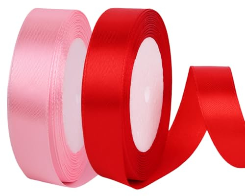 Mulapucher 2 Bände Geschenkband, 44m, 20mm, Schleifenband für Kunsthandwerk, Kränze, Hochzeitsdekoration, Weihnachten, Haarbögen, Blumensträuße, Geburtstag und Geschenkverpackung(Rot, Rosa)